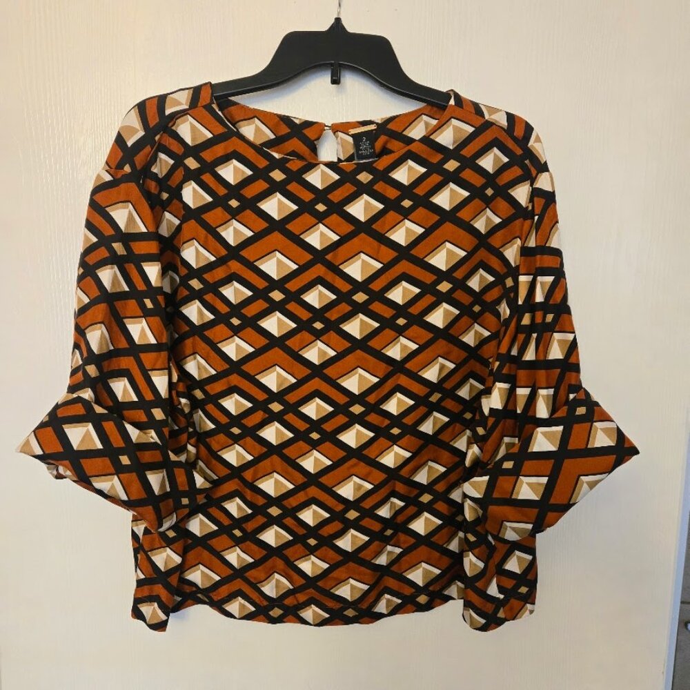 Chico's Black Label silk 3/4 geometric‎ pattern top NWOT Size 2/L